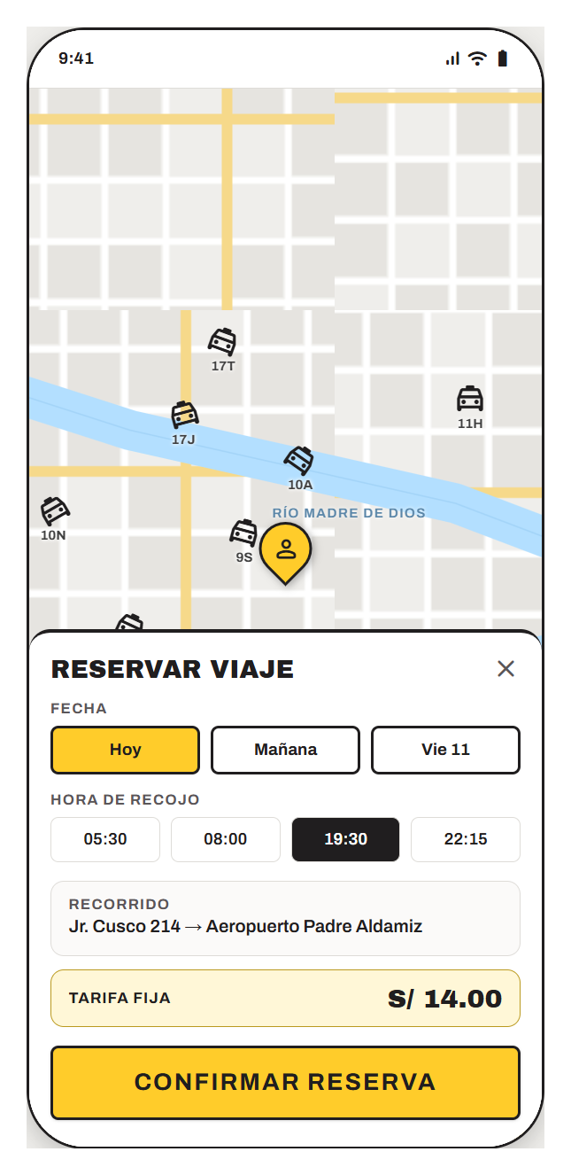Pantalla de reserva de viaje en la app de pasajero